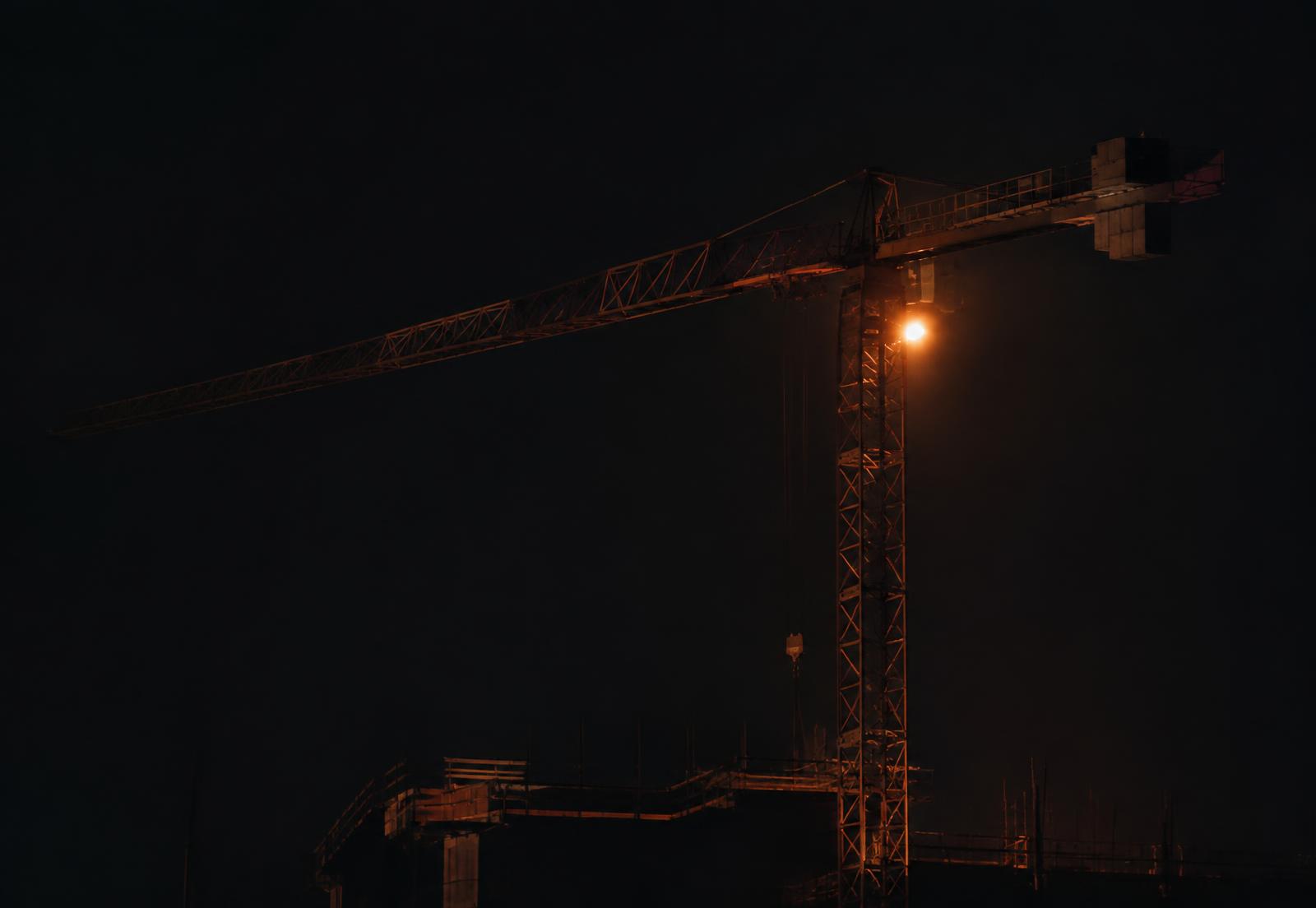 Grúa de obra iluminada de noche
